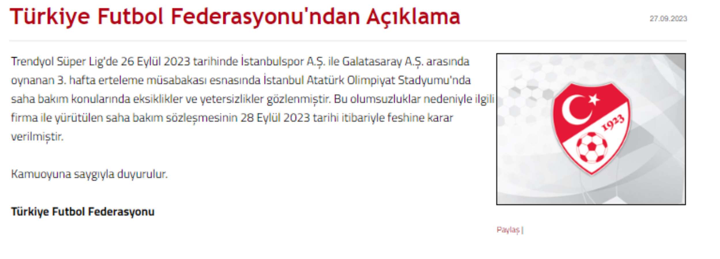 Skandal olay sonrası TFF'den açıklama! 'Sözleşmenin feshine karar verilmiştir'