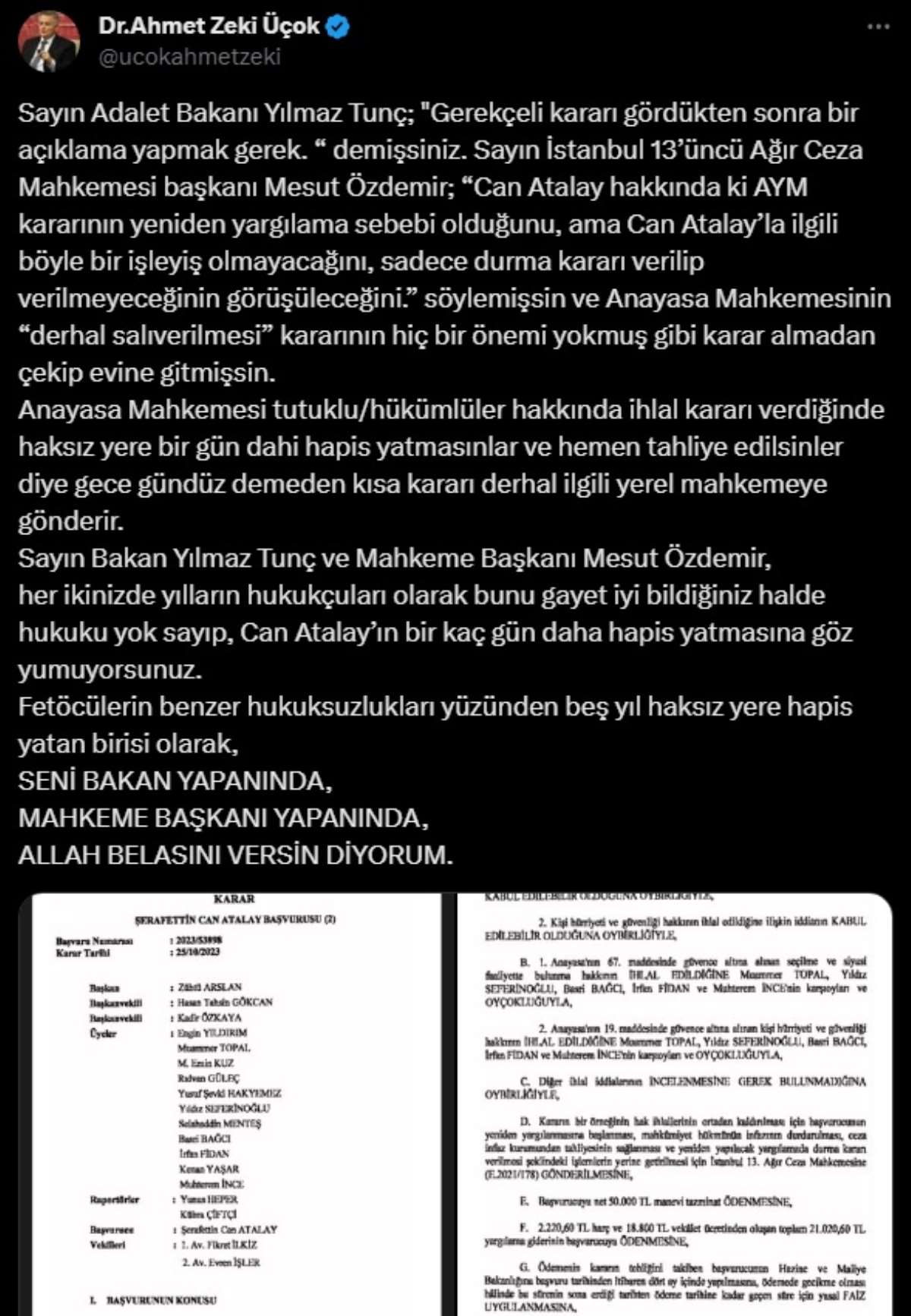 Ahmet Zeki Üçok'tan, Adalet Bakanı Yılmaz Tunç'a çok sert 'Can Atalay' tepkisi: 'Seni Bakan yapanın Allah belasını versin'