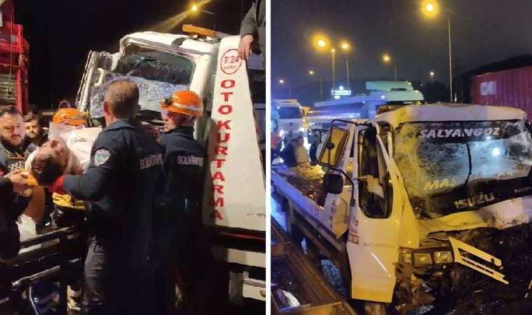 Kamyona çarpıp sıkışan çekici sürücüsünü itfaiye kurtardı