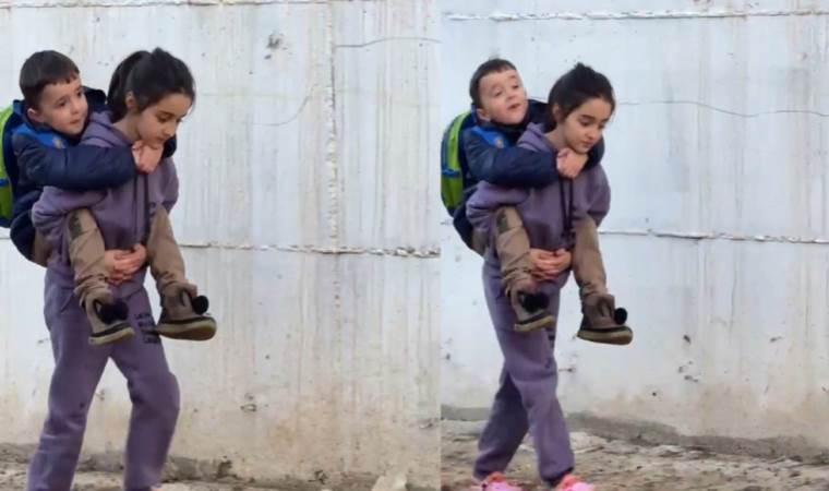 Yürek ısıtan görüntüler… Kardeşini sırtında taşıyarak okula götürdü