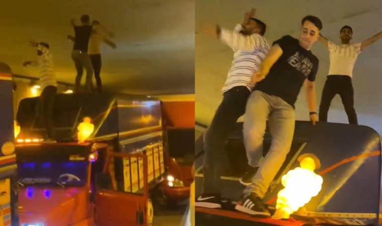 Tüneli kapatıp kamyonet üstünde dans ettiler!