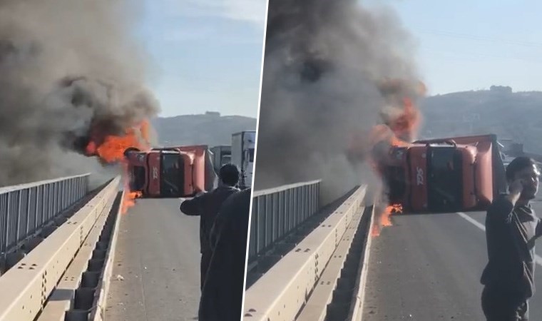 Otobanda kaza yapan tır alevlere teslim oldu