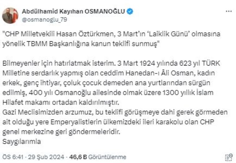 'Laiklik Günü' teklifi Abdülhamid'in torununu kızdırdı: 'Bilmeyenler için hatırlatmak isterim...'